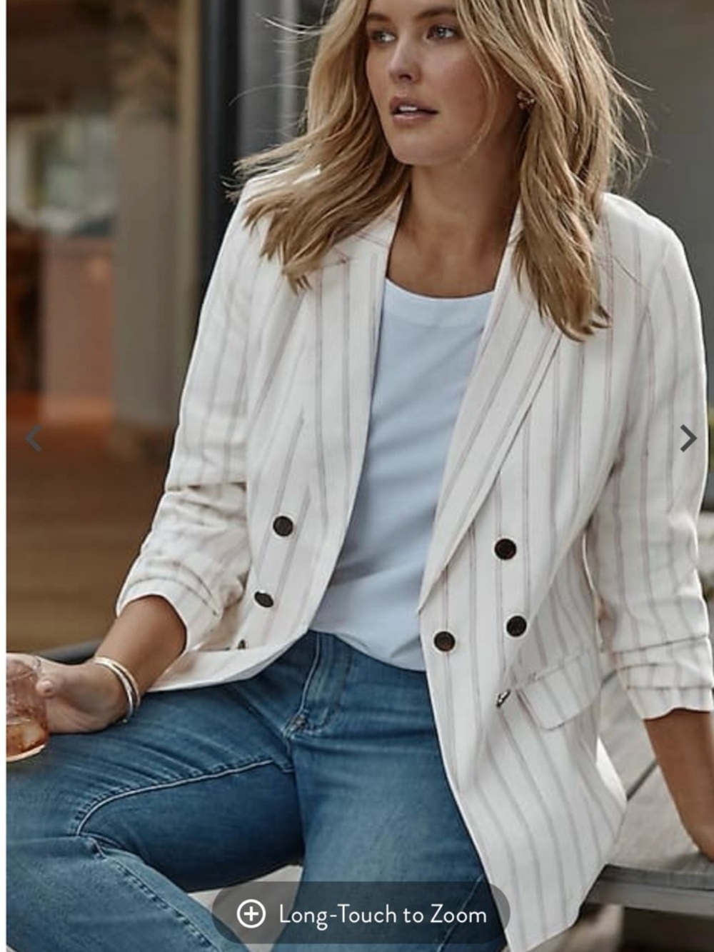 J. Jill Cream Pinstripe Linen Stretch Double-Breasted Blazer in pinstripes.